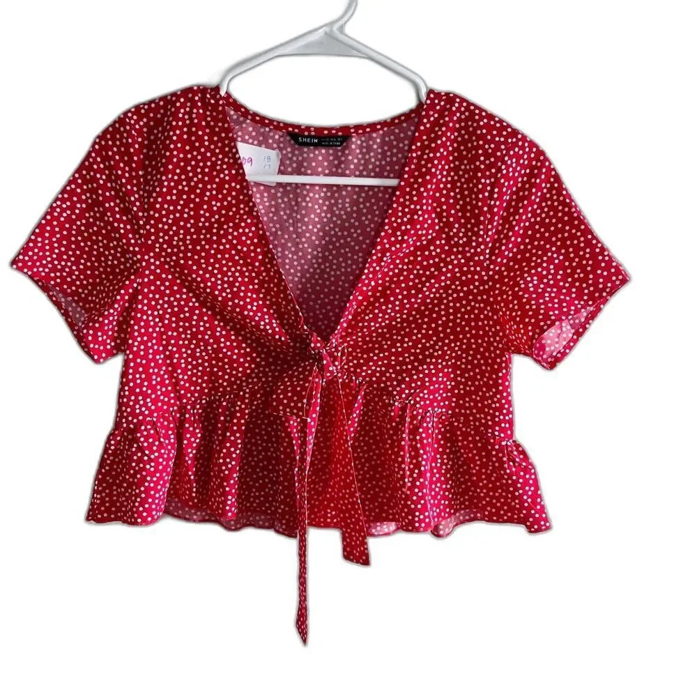 Shein Women’s XS Red Blouse Polka Dot Crop Top Wrap USA Tie Front Ruffle